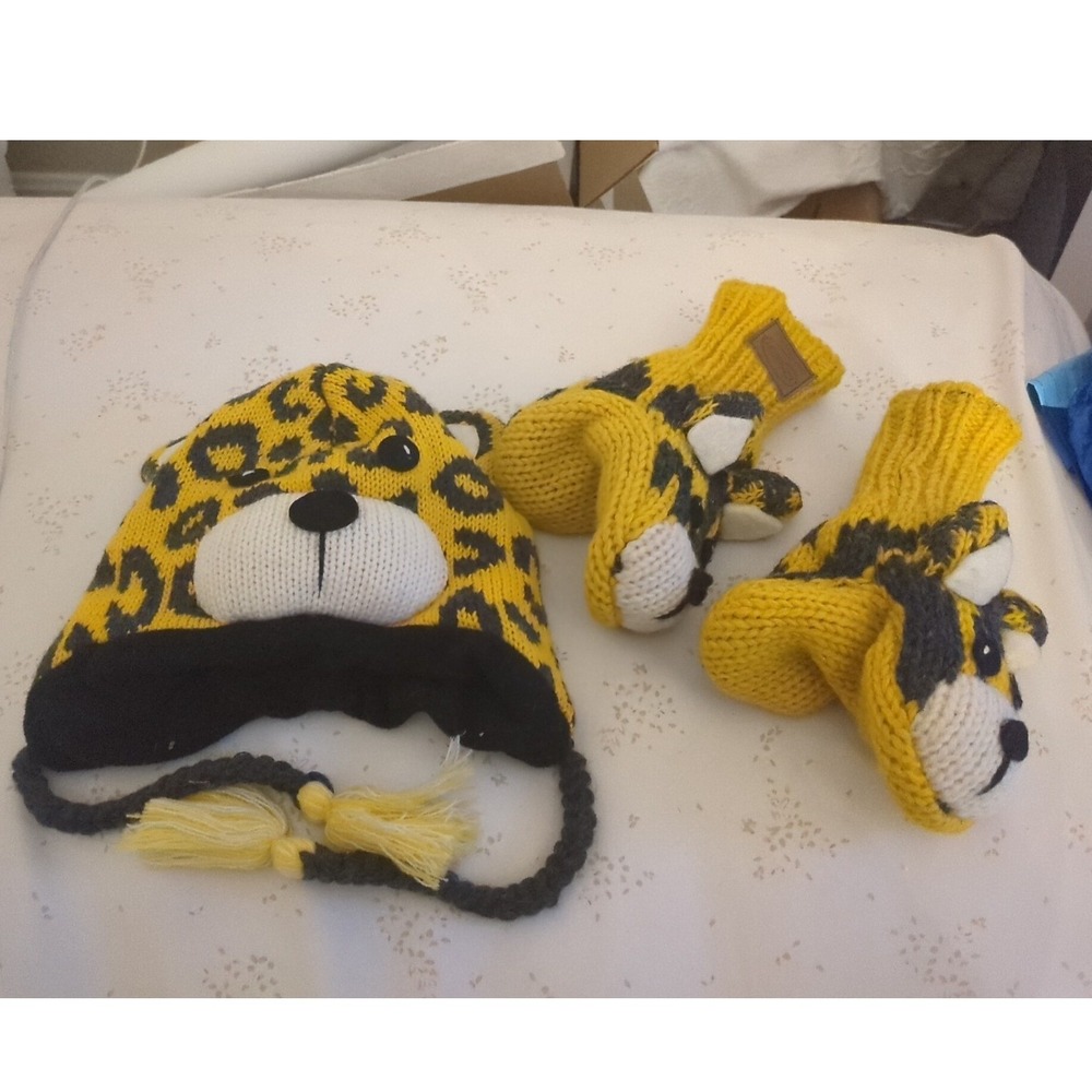 Kyber Outerwear Childs Wool Knit Set Kids Tobaggan Blac Fleece Lined Leopard